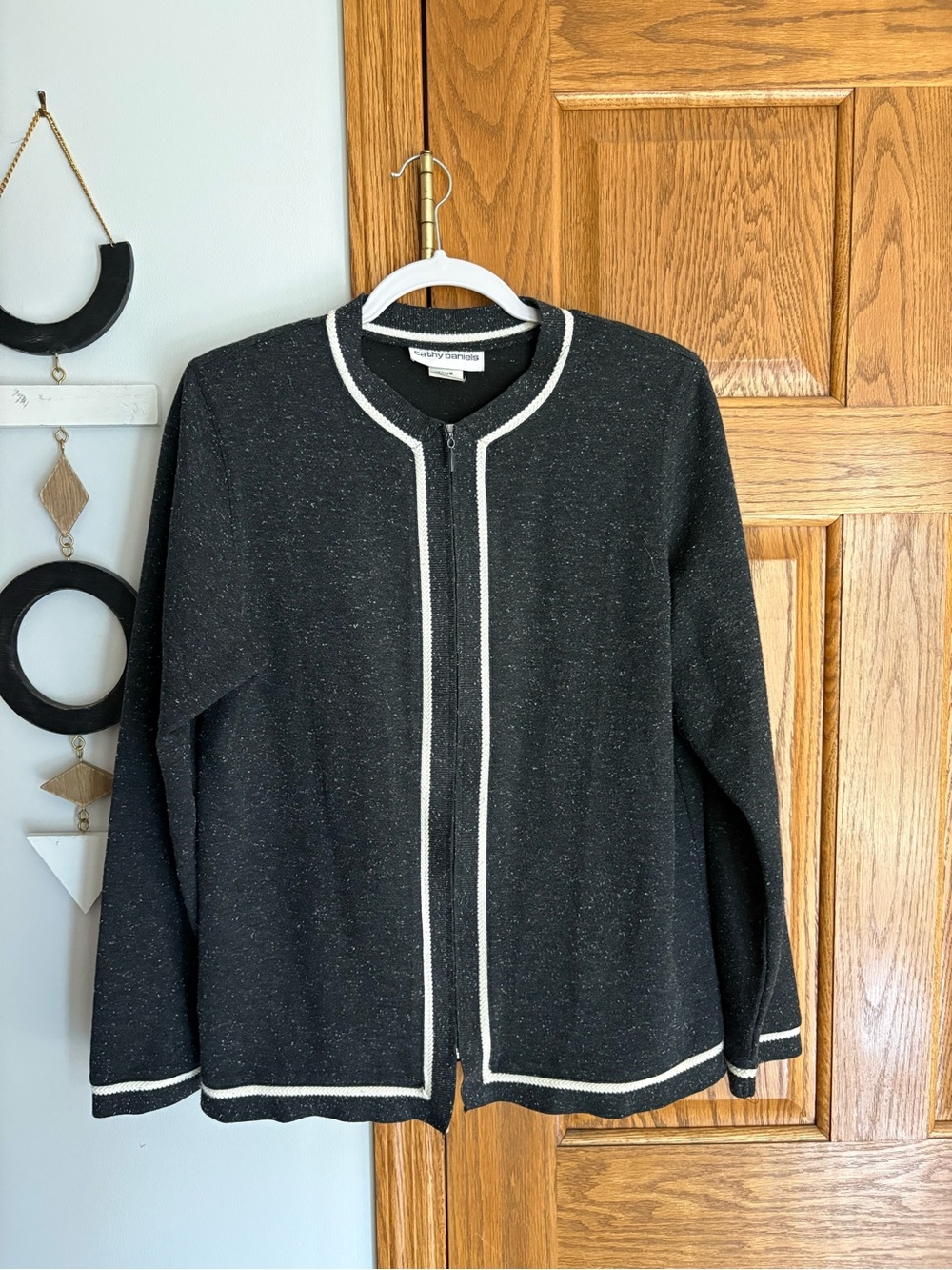 Cathy Daniels Dark Gray Knit Zip Jacket with White Trim